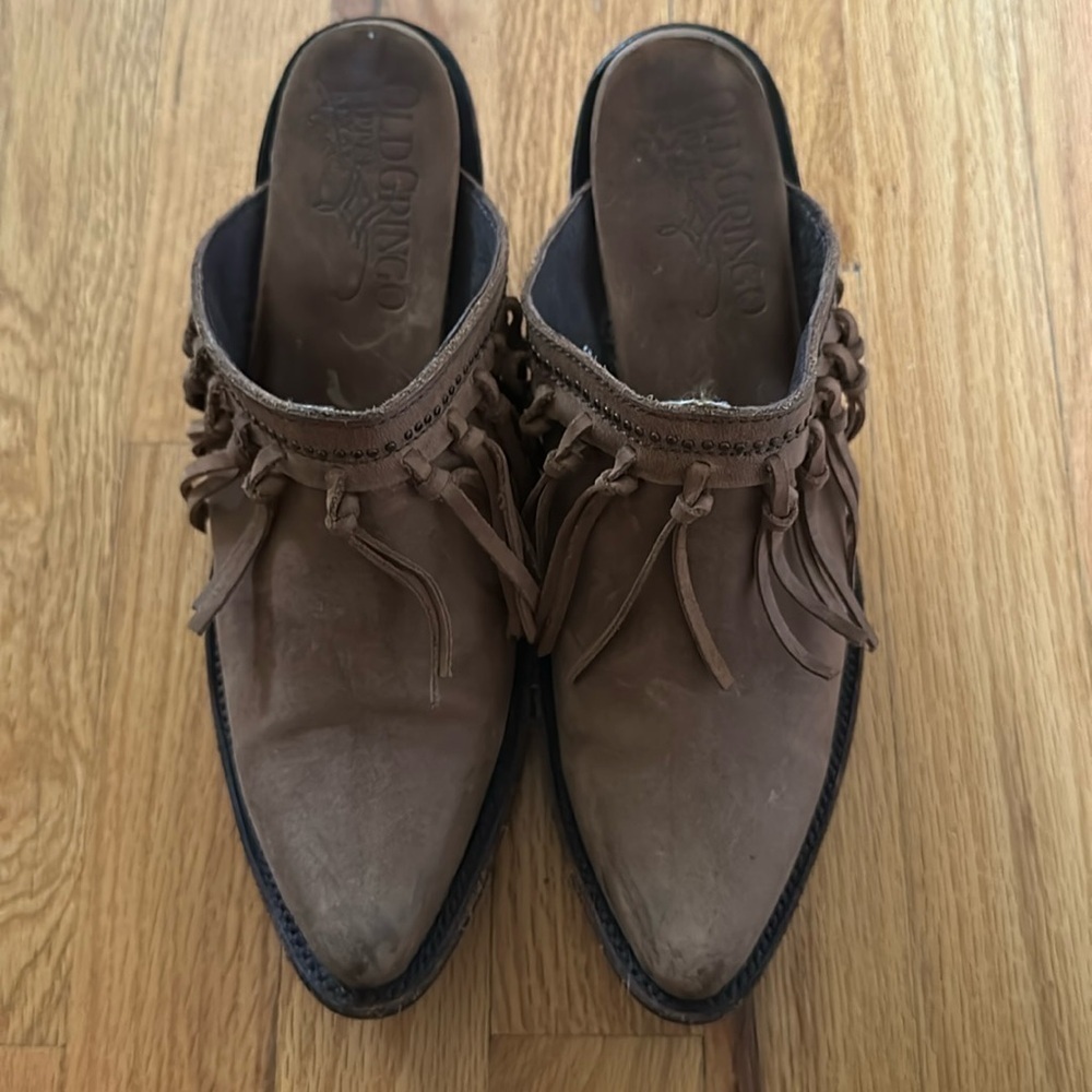 Old Gringo sz 6.5B fringed pointed toe heeled mules brown great pre owned cond
